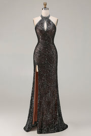 Vestido largo de graduación de fin de curso con sirena negra brillante con cuentas y lentejuelas, ojo de cerradura