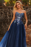 Corsé transparente sin tirantes azul marino Vestido de fin de curso largo de tul con lentejuelas