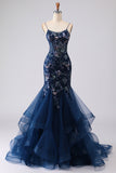 Vestido largo largo de graduación bordado con corsé azul y sirena bordada con encaje en la espalda