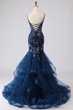 Vestido largo largo de graduación bordado con corsé azul y sirena bordada con encaje en la espalda