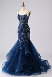 Vestido largo largo de graduación bordado con corsé azul y sirena bordada con encaje en la espalda