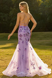 Vestido largo de graduación largo de corsé de sirena púrpura transparente con cuentas y lentejuelas, con encaje en la espalda
