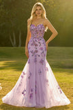 Vestido largo de graduación largo de corsé de sirena púrpura transparente con cuentas y lentejuelas, con encaje en la espalda
