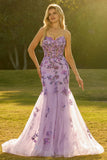 Vestido largo de graduación largo de corsé de sirena púrpura transparente con cuentas y lentejuelas, con encaje en la espalda