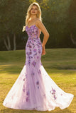 Vestido largo de graduación largo de corsé de sirena púrpura transparente con cuentas y lentejuelas, con encaje en la espalda