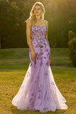 Vestido largo de graduación largo de corsé de sirena púrpura transparente con cuentas y lentejuelas, con encaje en la espalda