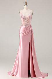 Corsé de sirena rosa, corsé de cuentas con apontados, vestido largo de satén y abertura