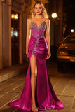 Corsé de Sirena morado oscuro con cuentas y vestido largo de graduación con abertura