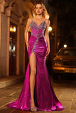 Corsé de Sirena morado oscuro con cuentas y vestido largo de graduación con abertura