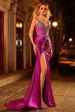 Corsé de Sirena morado oscuro con cuentas y vestido largo de graduación con abertura