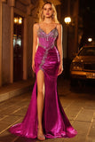 Corsé de Sirena morado oscuro con cuentas y vestido largo de graduación con abertura