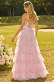Corsé Rosa A-Line con volantes, vestido largo de baile con abertura