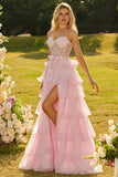 Corsé Rosa A-Line con volantes, vestido largo de baile con abertura