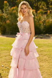 Corsé Rosa A-Line con volantes, vestido largo de baile con abertura