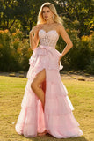 Corsé Rosa A-Line con volantes, vestido largo de baile con abertura