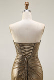 Vestido de Fiesta Largo Metálico Dorado Oscuro Sirena Sin Tirantes con Abertura