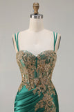 Vestido largo de baile de graduación con encaje de cuentas verde oscuro de sirena verde oscuro y lentejuelas