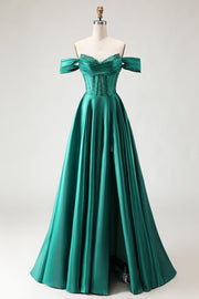 Corsé de Línea Verde Oscuro con Cuentas Caídas, Vestido largo de Baile de Graduación con Abertura