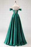 Corsé de Línea Verde Oscuro con Cuentas Caídas, Vestido largo de Baile de Graduación con Abertura
