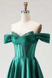Corsé de Línea Verde Oscuro con Cuentas Caídas, Vestido largo de Baile de Graduación con Abertura