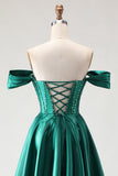 Corsé de Línea Verde Oscuro con Cuentas Caídas, Vestido largo de Baile de Graduación con Abertura