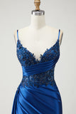 Serpentina de sirena azul marino, vestido largo de graduación con cuentas y abertura