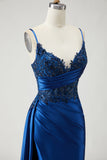 Serpentina de sirena azul marino, vestido largo de graduación con cuentas y abertura