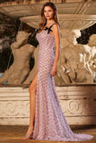 Vestido largo de graduación con corsé lila con cuentas de sirena y lentejuelas, con abertura