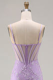 Vestido largo de graduación largo de perlas de cordié sirena púrpura transparente con tirantes finos de encaje y cuentas