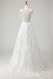 Corsé de tul bordado blanco Tirantes finos Vestido de novia largo con moño