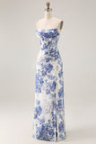 Vestido largo de dama de honor con cuello de cuello vuelto y corsé floral blanco y azul con serpentina