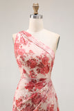 Vestido de invitada a boda con un solo hombro floral champán con abertura