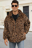 Abrigo de invierno de piel sintética de leopardo café para hombre con bolsillos