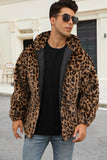 Abrigo de invierno de piel sintética de leopardo café para hombre con bolsillos