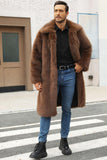 Abrigo largo de invierno para hombre con cuello de solapa de piel sintética marrón esponjosa