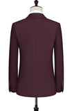 Trajes de 2 piezas con solapa con muescas en rojo oscuro para hombre