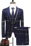 Trajes de 3 piezas a cuadros con solapa con muescas azul oscuro para hombre