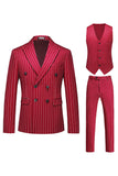 Trajes de 3 piezas con solapa de pico a rayas rojas para hombre