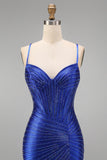 Vestido largo de graduación con tirantes finos de sirena azul real