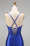 Vestido largo de graduación con tirantes finos de sirena azul real