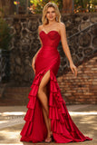 Vestido largo de baile de graduación con corsé de cuentas y sirena roja con volantes