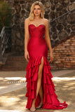 Vestido largo de baile de graduación con corsé de cuentas y sirena roja con volantes