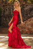 Vestido largo de baile de graduación con corsé de cuentas y sirena roja con volantes