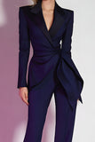 Trajes de fiesta fruncidos con solapa con muesca de 2 piezas en morado oscuro con fajín