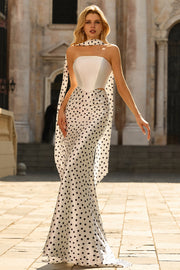 Vestido largo de graduación de dos piezas de satén sirena con puntos blancos y bufanda de cuello