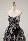 Vestido largo de graduación de fin, con tirantes y lentejuelas en forma de flor rosa negra, con encaje en la espalda