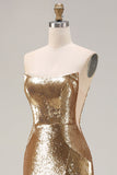Vestido largo de baile de graduación dorado brillante sin tirantes de sirena con lentejuelas