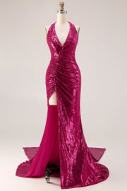 Vestido largo de graduación sin espalda sin costas con abertura de sirena brillante fucsia sirena