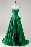 Vestido largo de graduación verde oscuro sin tirantes de dos piezas, lazo, con lazos y abertura