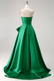 Vestido largo de graduación verde oscuro sin tirantes de dos piezas, lazo, con lazos y abertura